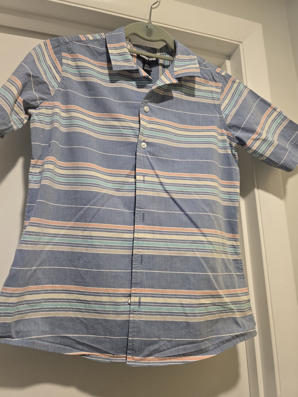 Lands' End Blue Multi-Stripe Short Sleeve Button-Down Shirt